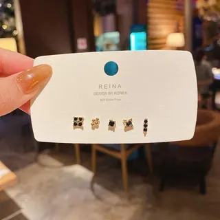 REINA Korean Minimalist Geometric Stud Earrings Set - 925 Silver Post, 18K Gold Plated with Black Zircon, 5 Pcs Hypoallergenic
