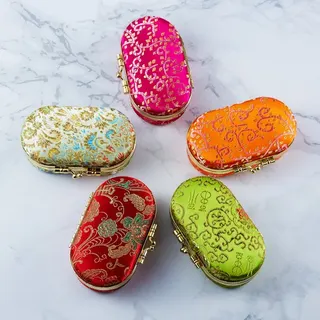 Vintage Embroidered Brocade Lipstick Case with Mirror, Metal Trim Oval Portable Makeup Storage Box, Chinese Retro Style, 9x5x3cm, Random Color