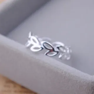 Open Adjustable Leaf Ring, Silver Plated Copper, Hollow Out French Vintage Forest Style, Mirror Polished, Stackable Finger Ring for Women