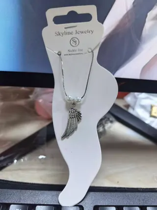 Angel Wing Feather Pendant Necklace Anklet with Faux Pearl, Alloy Vintage Gothic Jewelry, Nickel Free, 21cm