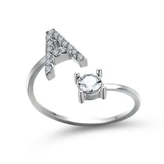 Letter G Adjustable Open Ring, Rhinestone Set Four-Prong Solitaire, White Gold Plated Alloy, Personalized Initial Ring for Women, Birthday Gift