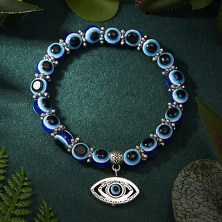 Bohemian Evil Eye Bead Bracelet with Butterfly Charm, Antique Silver Alloy Resin Stretch Bracelet, Protective Talisman Jewelry for Women
