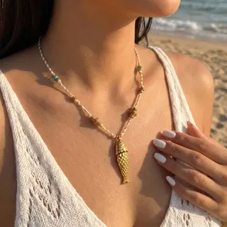 Boho Beach Fish Pendant Necklace - 18K Gold Plated Stainless Steel, Turquoise Beaded Chain, Adjustable 44+5cm, Summer Vacation Ocean Jewelry for Women