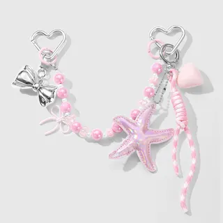 Pink Iridescent Starfish Charm Bag Pendant, Pearl Beaded Bow Keychain, Cute DIY Bag Accessory, Acrylic & Alloy, 36.5cm