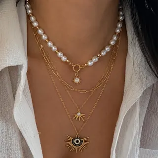 Layered Pearl Sun Eye Necklace, 18K Gold Plated Alloy, Boho Retro Radiant Eye Pendant, 37+5cm Multi-Chain Statement Collar Necklace for Women