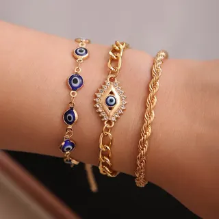 Evil Eye Bracelet Set of 3, Gold Plated Zircon Evil Eye Charm Bracelets, Boho Stackable Evil Eye Beaded + Paved Pendant + Woven Chain Bracelets for Women, 19.5+5cm