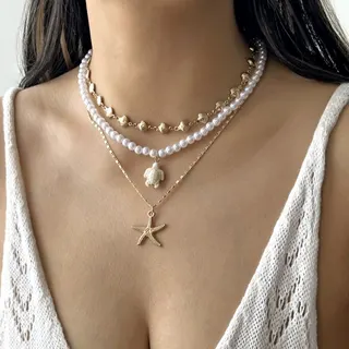 3-Piece Pearl Sea Star Turtle Shell Necklace Set, French Vintage Ocean Layered Choker, 18K Gold Plated Alloy with Imitation Pearls & Resin Sea Star Turtle Pendant, Beach Vacation Jewelry 34+7cm