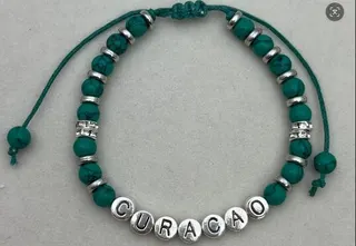 CURACAO Letter Bead Bracelet, Green Stone & Alloy Silver-Plated, Adjustable Knot String, Boho Vacation Jewelry, Pair Set, 6mm
