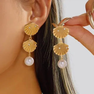 Vintage Shell Pearl Drop Earrings Gold Alloy with Rhinestone Double Layer Dangle Earrings Luxury Ocean Style for Women