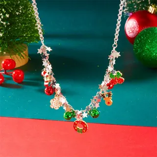 Christmas Beaded Necklace with Tree Sock Gift Charms, Alloy Red Green Silver Holiday Party Jewelry, 40+5cm Adjustable Chain