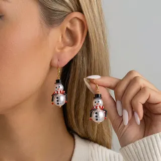 Christmas Snowman Earrings, Imitation Pearl Dangle Earrings with Black Top Hat & Red Scarf, Cute Holiday Gift Jewelry, 1 Pair