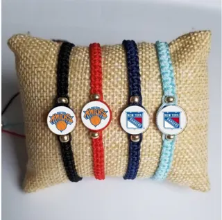 Sports Team Logo Woven Cord Bracelet, Round Alloy Charm Beaded Adjustable Braided Wristband 18-28cm, Multi-Color Set for Basketball & Hockey Fans, Gift Ready Packaging