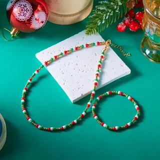 Christmas Beaded Necklace & Bracelet Set, Red Green White Glass Beads with Gold Spacer Beads, Adjustable Extender Chain, Holiday Gift Jewelry Set