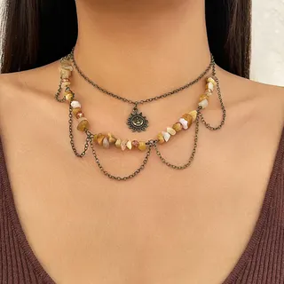 Vintage New-Chinese Moon Zircon Necklace, Multi-Layer Bohemian Beaded Chain with Antique Bronze Sun Pendant, Irregular Stone Beads, 36+7cm/40+7cm