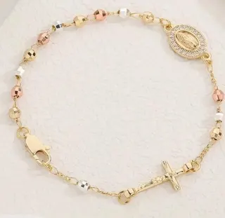 Cross Micro-Pavé Zircon Beaded Bracelet for Women, 18K Gold Plated Copper, Pink Faceted Beads Oval Charm, 21cm Religious Gift Jewelry