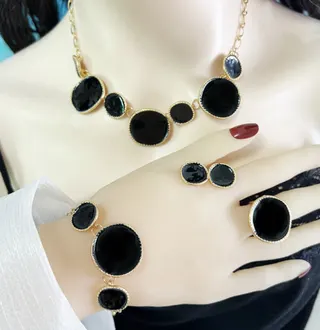 Vintage Green Stone Jewelry Set - 18K Gold Plated Alloy Necklace Bracelet Ring Earrings Set, Malachite Green Bohemian Bridal Accessories, 4-Piece Set