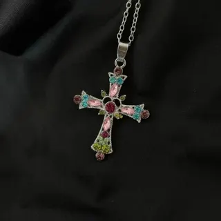 Gothic Cross Pendant Necklace, Rhinestone Crystal Alloy Choker Chain, Adjustable 40+5cm, Vintage Colorful Zircon Jewelry for Women