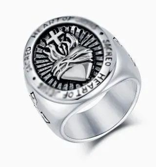 Vintage Stainless Steel Cross Ring for Men - Heart of Jesus Gothic Punk Wide Band, Anti-Tarnish Polished Signet Ring Size 10