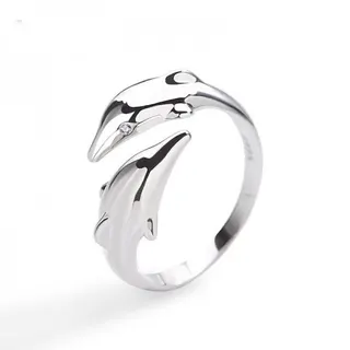 Double Dolphin Open Adjustable Ring, Silver Alloy Mirror Polished with Zircon Accent, Ocean-Inspired Statement Finger Ring for Women