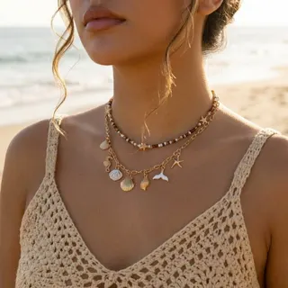 Boho Ocean Necklace Set 2pcs - Starfish Shell Seahorse Mermaid Tail Charm + Beaded Strand, 18K Gold Plated Alloy, Layered Choker for Beach Vacation