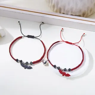 Bat & Spider Charm Bracelet Set (Pair) - Adjustable Black Cord Gothic Y2K Bracelets, Silver Alloy Plated, 16-28cm, for Best Friends & Couple