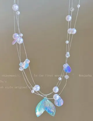 Layered Shell Mermaid Tail Pearl Necklace, Alloy Multi-Strand Beaded Choker with Iridescent Shell Pendant, Ocean-Inspired Fashion Jewelry for Women