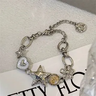 Silver Alloy Charm Bracelet with Star Heart Flower & Zirconia Beads, Adjustable 18cm Sweet Girly Jewelry Gift for Women