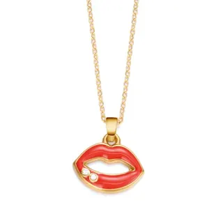 Red Lips Necklace for Women, 18K Gold Plated Stainless Steel Enamel Lip Pendant with Zirconia, Adjustable 45+5cm Clavicle Chain, Christmas Gift Jewelry