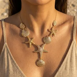 Summer Ocean Starfish Shell Necklace, Gold Plated Long Pendant Chain with Pearl & Scallop Design, Boho Beach Vacation Jewelry for Women, 50+7cm Adjustable