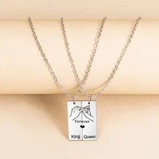 King Queen Hand-in-Hand Forever Stainless Steel Couple Necklace Set, Mirror Polished Engraved Pendant, 42+5cm Adjustable Chain, Anniversary Gift for Him and Her