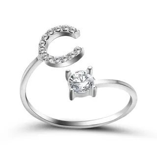 Letter C Open Adjustable Ring, White Gold Plated Alloy with 26 Rhinestones & Four-Prong Center Stone, Personalized Minimalist Jewelry, 1pc