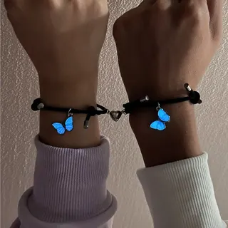 Glow in the Dark Butterfly Bracelet, Black Braided Cord with Alloy Charm, Adjustable Magnetic Clasp 16-26cm, Boho Gift for Women
