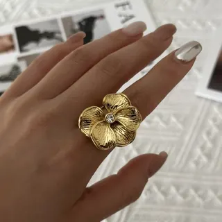 Gold Stainless Steel Irregular Wide Ring with Cubic Zirconia, Hypoallergenic Fashion Statement Ring for Women