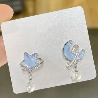 Blue Star Moon Pearl Earrings - Asymmetric Enamel Dangle Earrings with Rhinestone & Pearl Drop, Lightweight Alloy Jewelry for Women