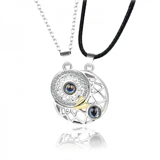 Couples Magnetic Interlocking Necklace Set - Sun & Moon Hollow Out Zircon Pendant, Rose Gold & Gun Black, Alloy Copper Chain + Black Wax Cord, 2-Piece Gift Set