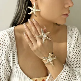 Gold Starfish Jewelry Set - Earrings Ring Bracelet 3-Piece Set, 18K Gold Plated Iron with Rhinestone, French Vintage Beach Vacation Accessories