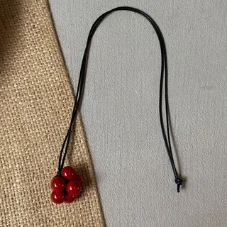 Red Round Bead Sweater Necklace, Long Black Cord Chain 96cm, Resin Glossy Sphere Pendant, Boho Minimalist Knitwear Accessory for Women