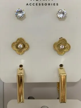 Luxury French Vintage Earrings Set - 18K Gold Plated Alloy, Rhinestone Flower Studs & Geometric Rectangle Hoops, 3-Pair Pack for Daily & Party Wear