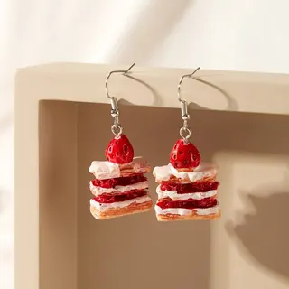 Strawberry Cake Resin Earrings - Cute Food-Shaped Dangle Hoop Earrings for Women, Sweet Dessert Style Alloy & Resin Drop Earrings, Kawaii Gift Jewelry
