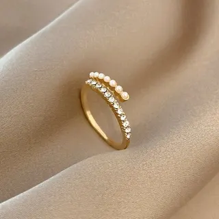 Adjustable Open Ring for Women - Pearl & Crystal Double Row Band, 18K Gold Plated Alloy, Resizable Stacking Finger Ring, French Vintage Jewelry Gift