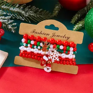 Christmas Beaded Bracelet Set - Alloy & Glass Charm Bracelet with Snowflake, Candy Cane, Santa Hat & Peppermint Dangles, Festive Red Green Pink White, ~18cm, Holiday Gift Jewelry