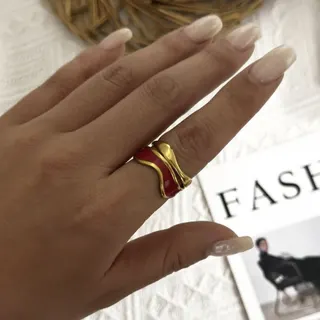 Stainless Steel Wavy Double-Layer Enamel Ring, Pink 18K Gold Plated Drip-Enameled Stackable Ring for Women, Vintage Chic Fashion Jewelry 1.8cm