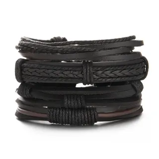 Men's Multi-Layer Braided Leather Bracelet Set - Handwoven Wrap Cuff, Vintage Neutral Style, 9cm Adjustable