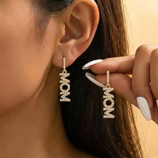 MOM Letter Dangle Earrings, Rhinestone Mother's Day Gift Earrings, Gold Alloy 18K Plated Sparkly Drop Earrings for Women, Approx 3.6cm, Pair