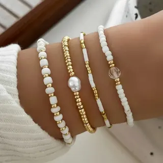 Minimalist White Rice Bead & Pearl Bracelet Set of 4, Gold CCB Bead Stackable Bracelets 18cm, Elegant Delicate Women Jewelry
