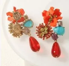 Vintage Bohemian Flower Drop Earrings, Green Resin & Alloy Long Dangle Earrings 8.7cm, Multi-color Beaded Statement Earrings for Women, Lightweight Hypoallergenic, 1 Pair