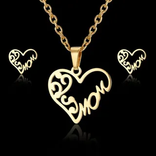 MOM Heart Openwork Necklace & Earrings Set, 18K Gold Plated Stainless Steel, Hypoallergenic Mother's Day Gift Jewelry