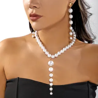 Vintage Pearl Y-Necklace & Long Drop Earrings Set, Gold-Plated Tassel Pearl Jewelry for Wedding Party, 2-Piece Elegant Set