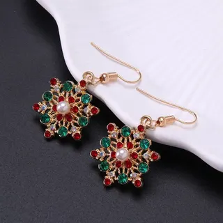 Christmas Snowflake Drop Earrings, 18K Gold Plated Alloy with Red Green Rhinestones & Pearl Center, Festive Holiday Dangle Earrings for Women
