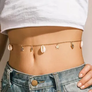 Boho Shell Star Belly Chain for Women - Gold Plated Alloy & Natural Seashell Waist Chain, Adjustable 70+10cm Beach Vacation Accessory